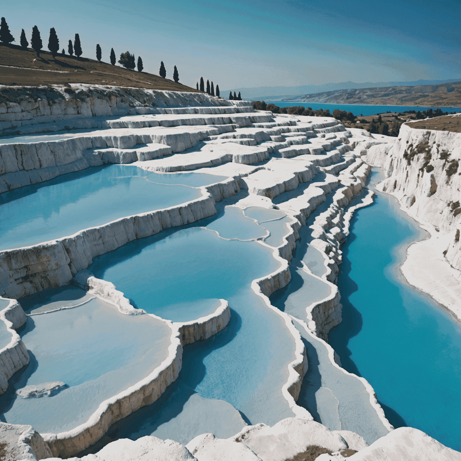 Pamukkale'nin beyaz traverten teraslarını ve mavi suları gösteren bir manzara fotoğrafı