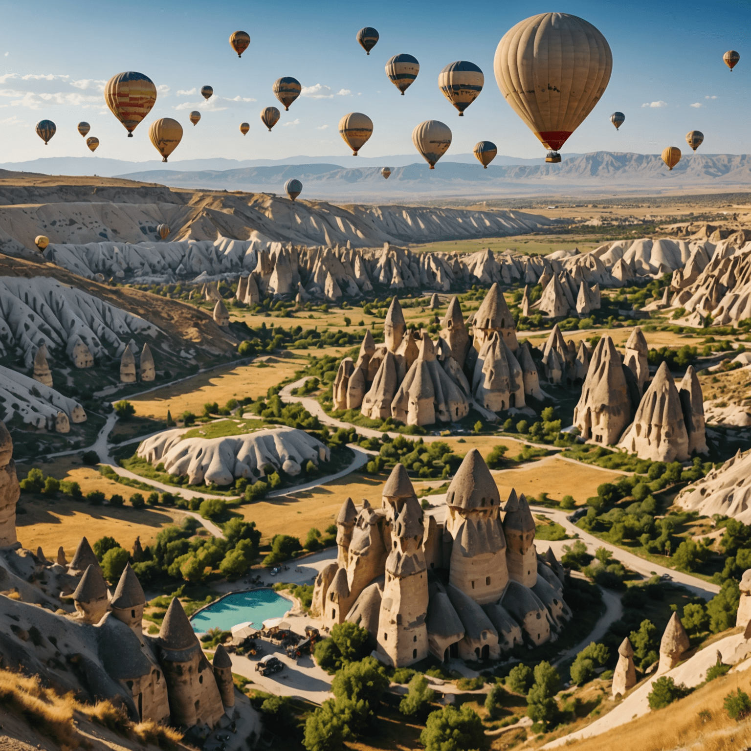 Kapadokya'nın sıcak hava balonları ve peri bacalarıyla ünlü manzarasını gösteren bir fotoğraf